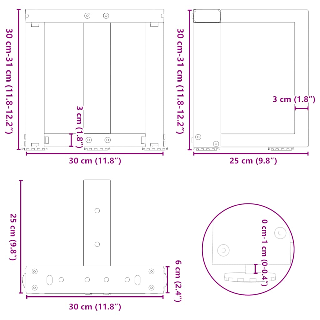 Pieds de table basse en T, 2 pièces, blanc, 30 x 25 x (30-31) cm, acier - XIOS