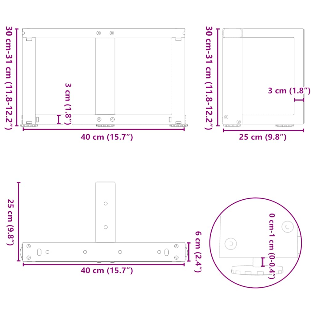 Pieds de table basse en T, 2 pièces, anthracite, 40 x 25 x (30-31) cm, acier - XIOS