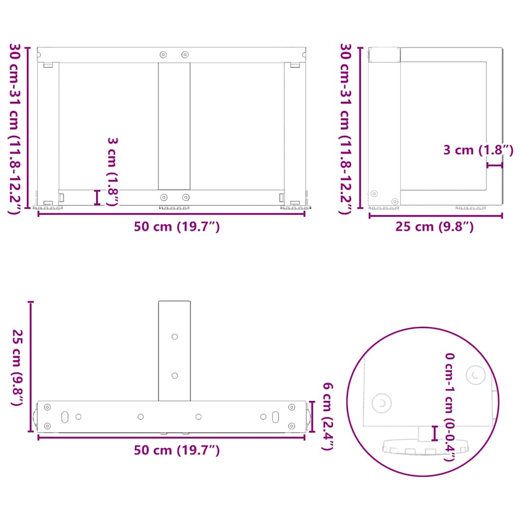Pieds de table basse en T, 2 pièces, anthracite, 50 x 25 x (30-31) cm, acier - XIOS