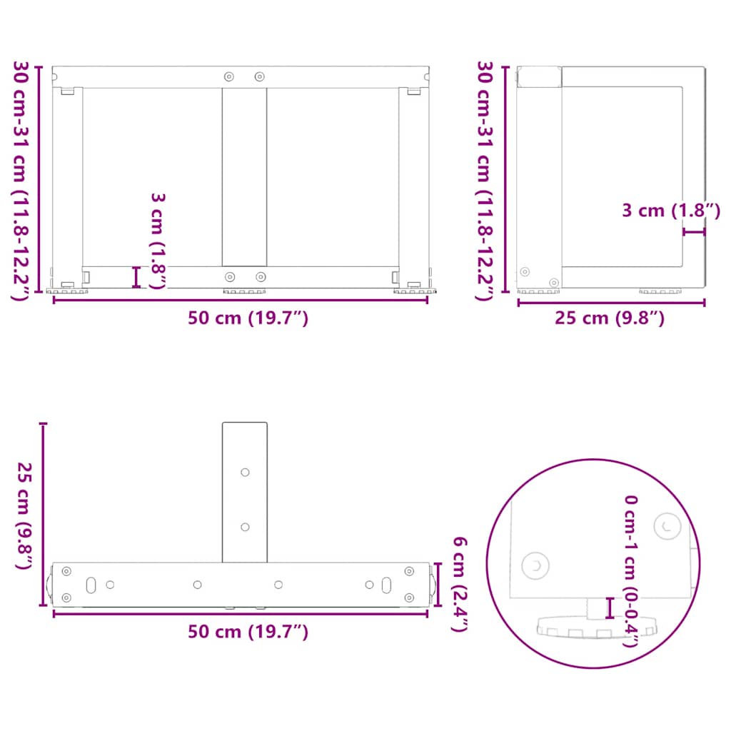 Pieds de table basse en T, 2 pièces, noir, 50 x 25 x (30-31) cm, acier - XIOS