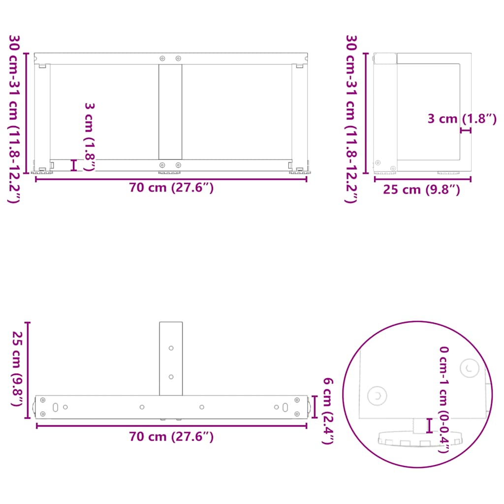 Pieds de table basse en T, 2 pièces, noir, 70 x 25 x (30-31) cm, acier - XIOS