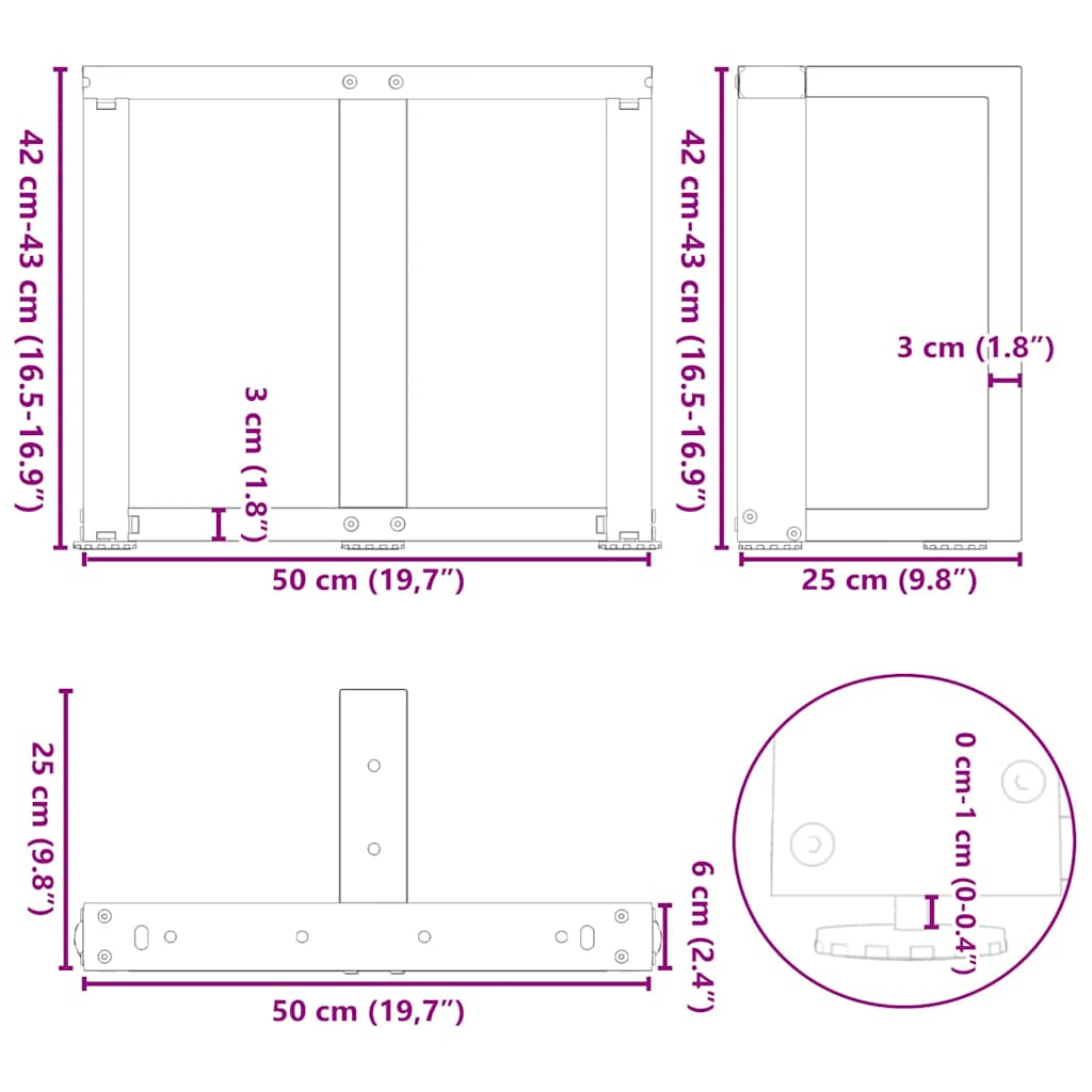 Pieds de table basse en T, 2 pièces, noir, 50 x 25 x (42-43) cm, acier - XIOS