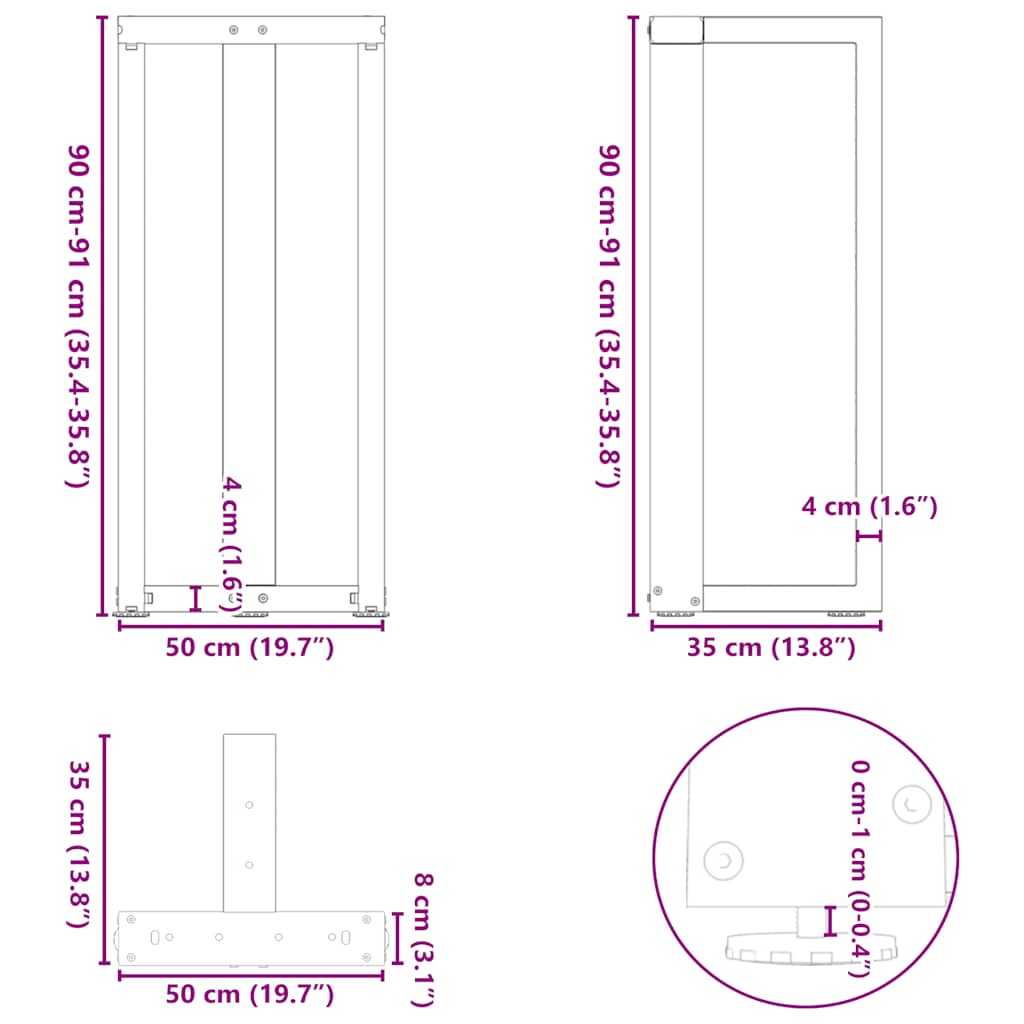 Pieds de table de bar en forme de T, 2 pièces, noir, 50 x 35 x (90-91) cm, acier - XIOS
