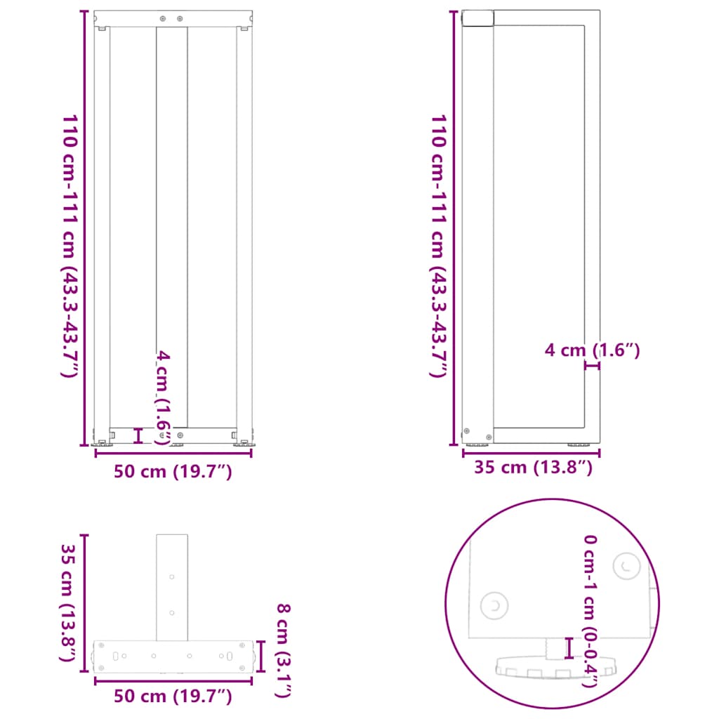 Pieds de table de bar en forme de T, 2 pièces, noir, 50 x 35 x (110-111) cm, acier - XIOS