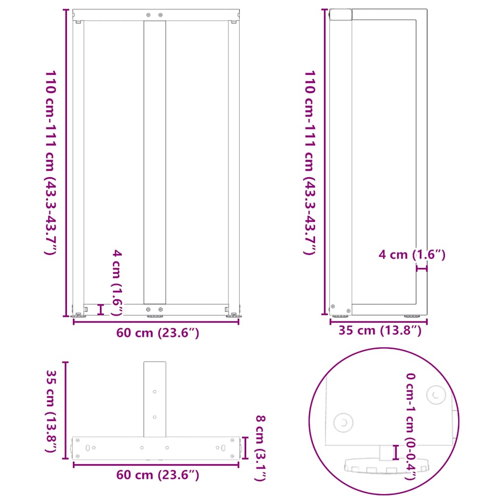 Pieds de table de bar en forme de T, 2 pièces, noir, 60 x 35 x (110-111) cm, acier - XIOS