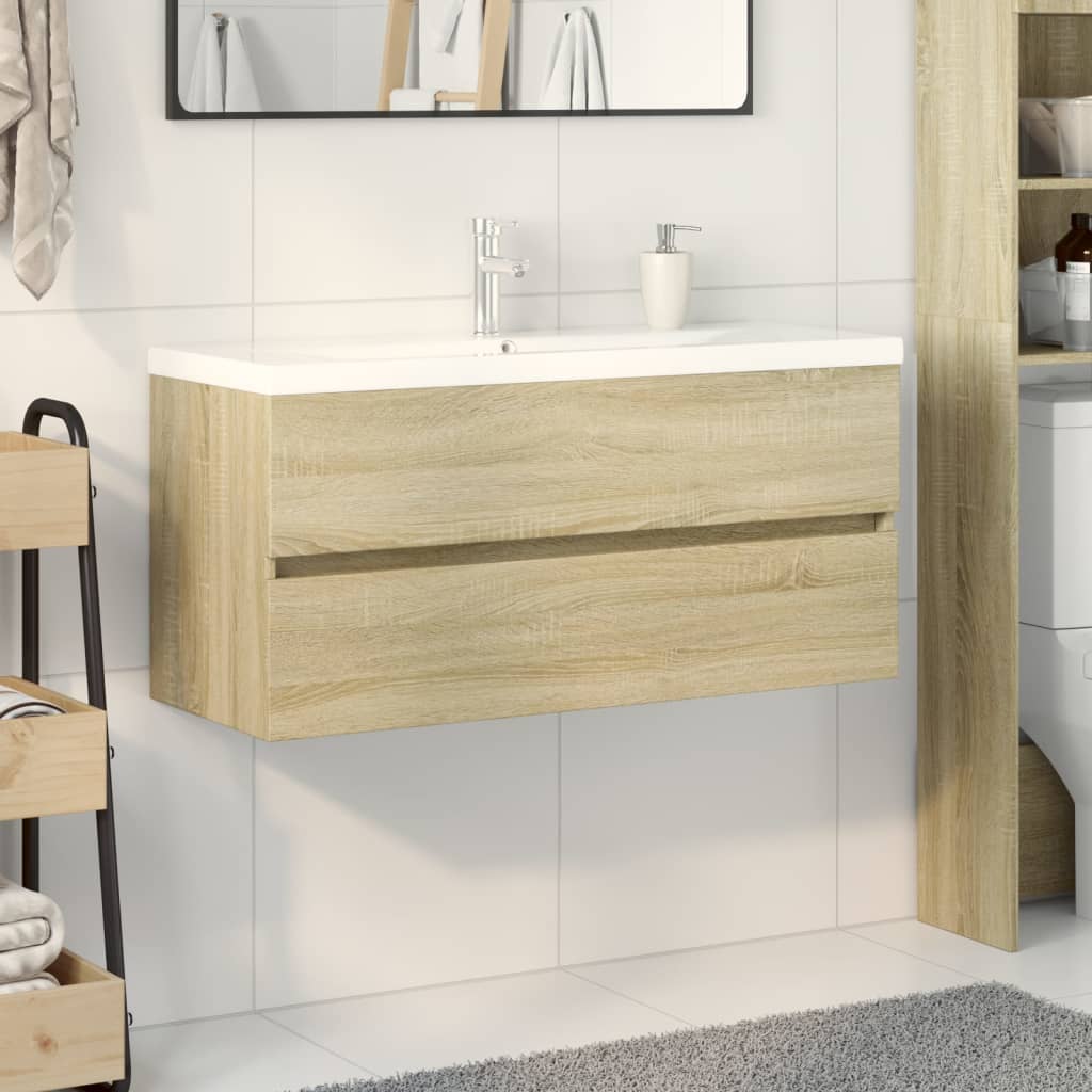 Ensemble de meubles de bain 2pcs céramique et bois d'ingénierie