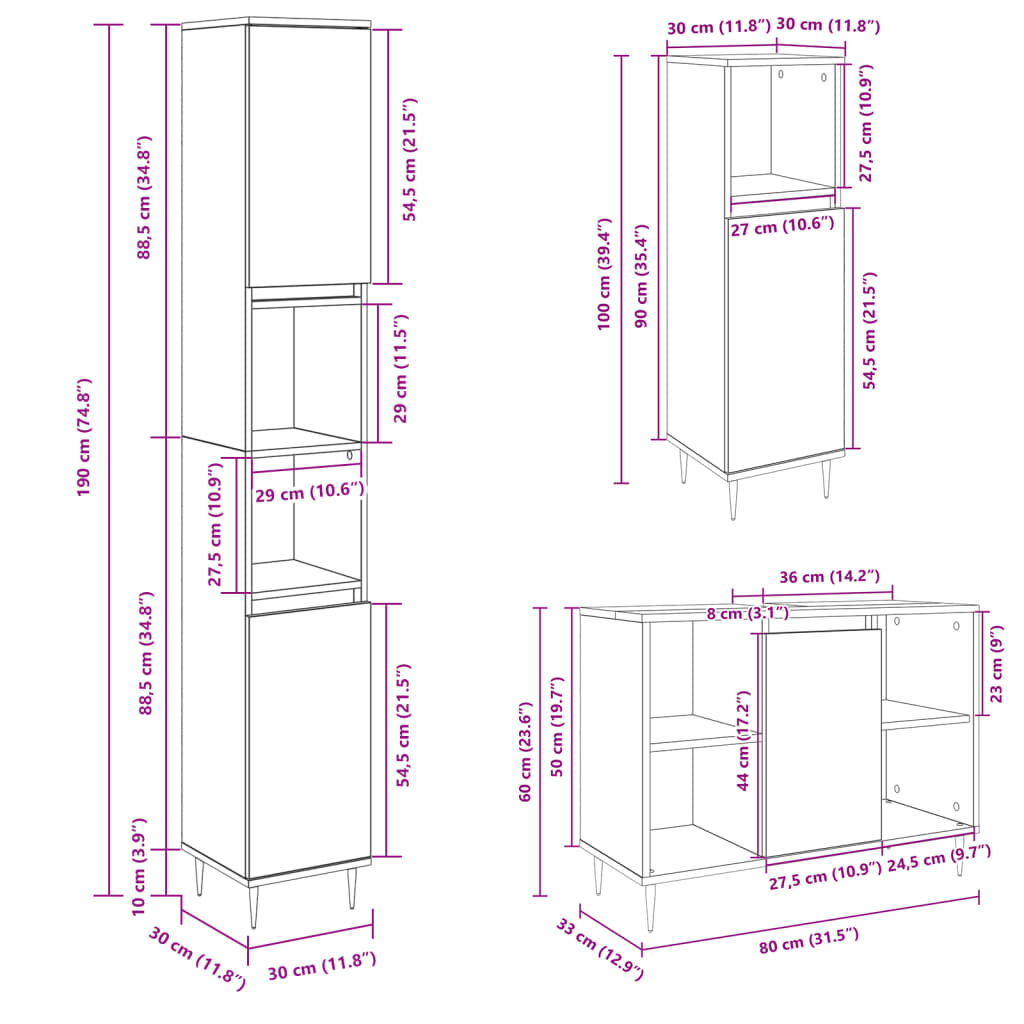 Ensemble de meubles de salle de bain 3 pcs chêne sonoma