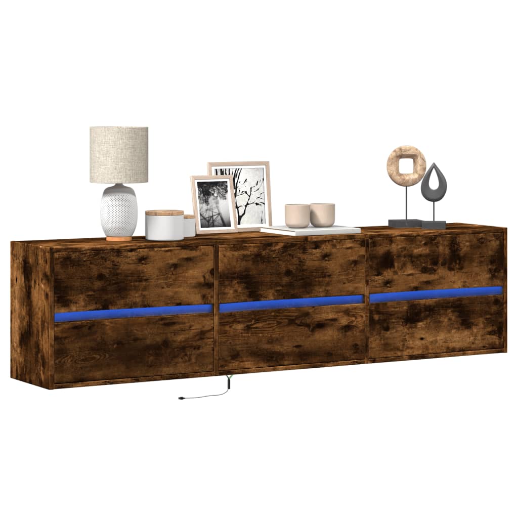 Meuble TV mural avec LED chêne fumé 180x31x45 cm - XIOS