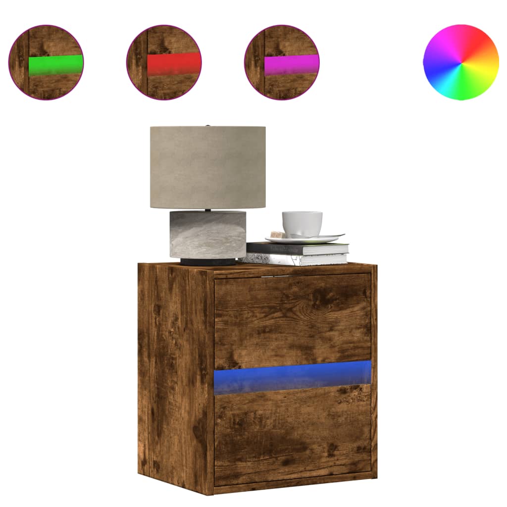 Table de chevet murale avec lumières LED chêne fumé - XIOS