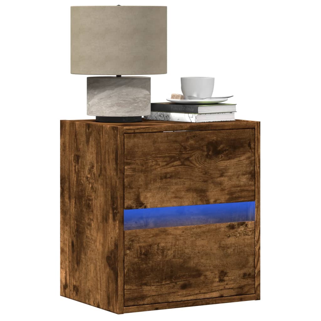 Table de chevet murale avec lumières LED chêne fumé - XIOS