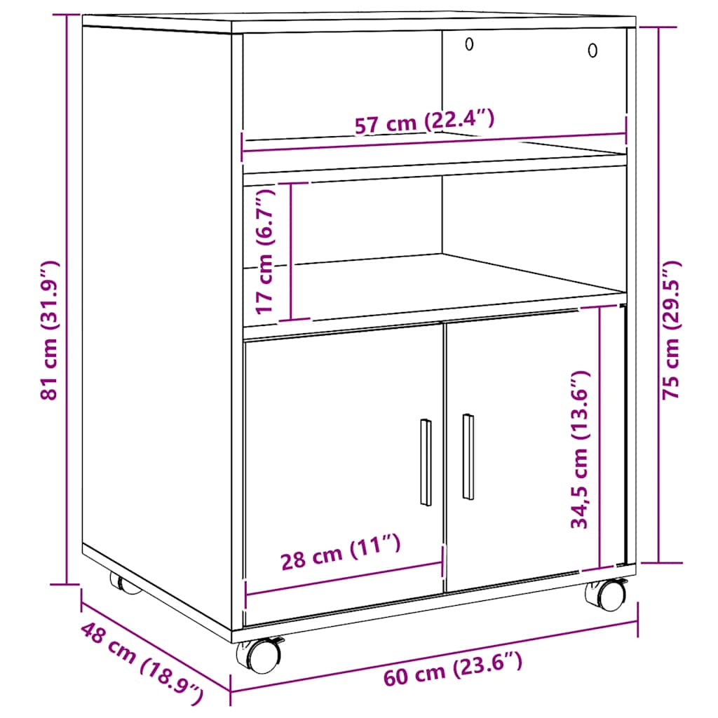 Armoire à roulettes chêne artisanal 60x48x81 cm bois ingénierie - XIOS