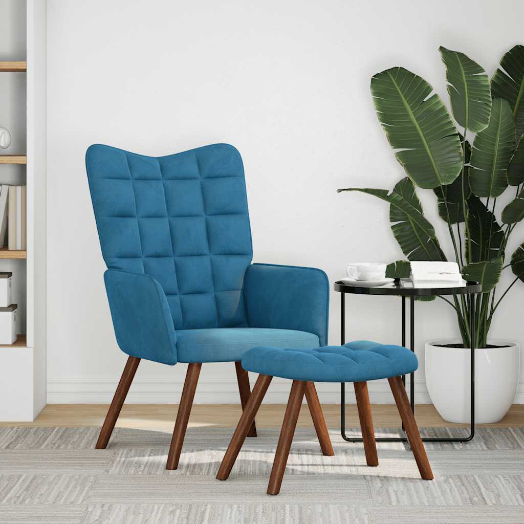 Chaise de relaxation avec tabouret Bleu Velours - XIOS