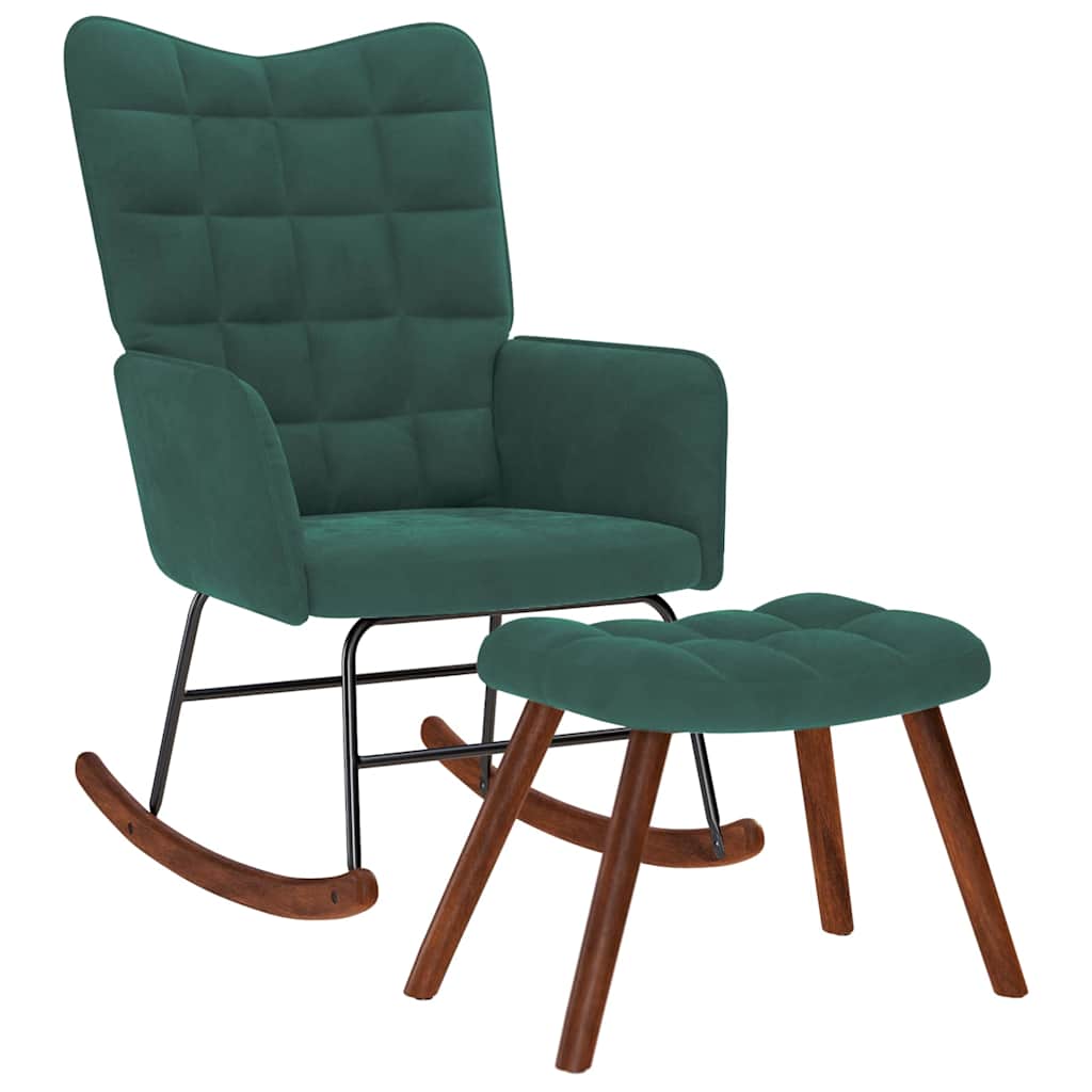Chaise à bascule avec tabouret en velours vert foncé - XIOS
