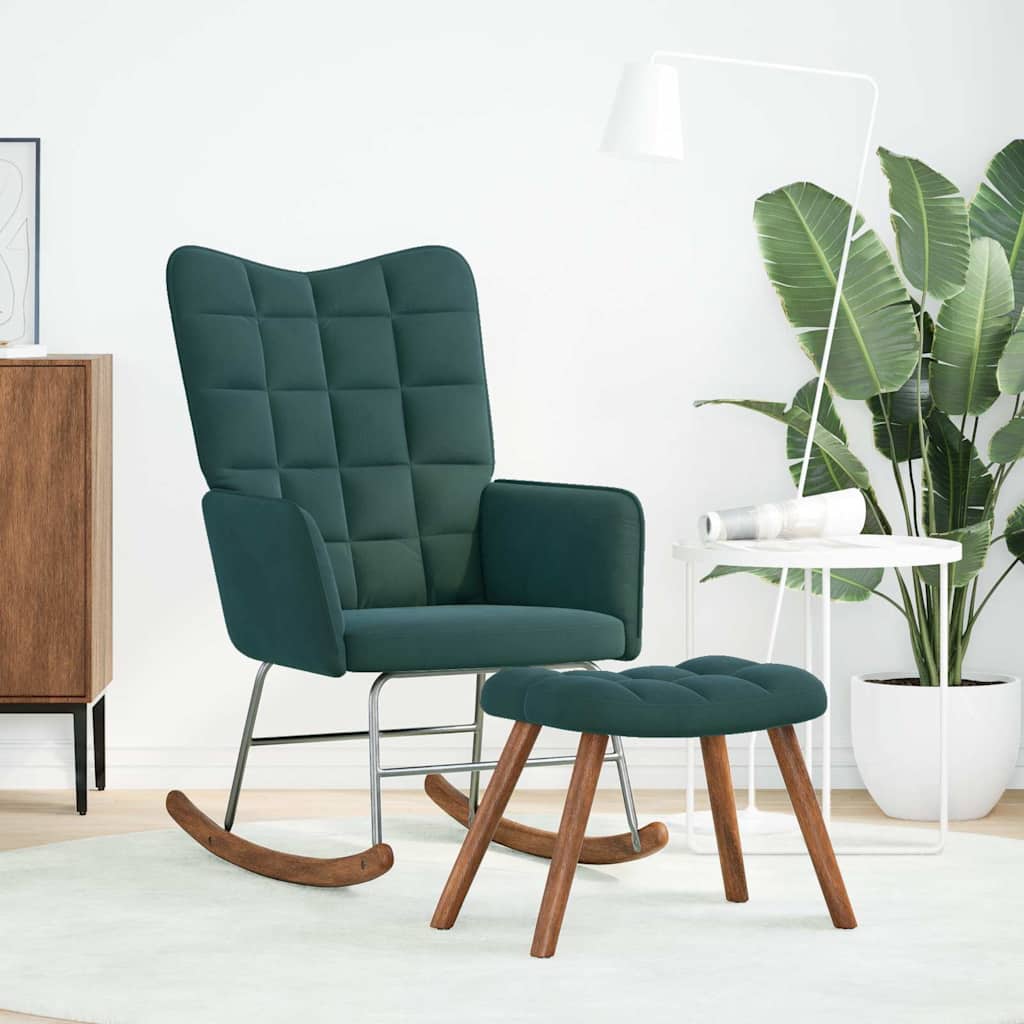 Chaise à bascule avec tabouret en velours vert foncé - XIOS