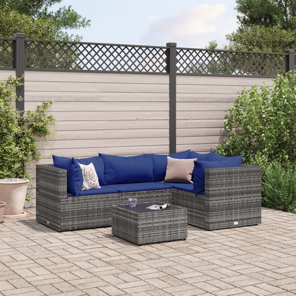 Salon de jardin 5 pcs avec coussins Gris Résine tressée - XIOS