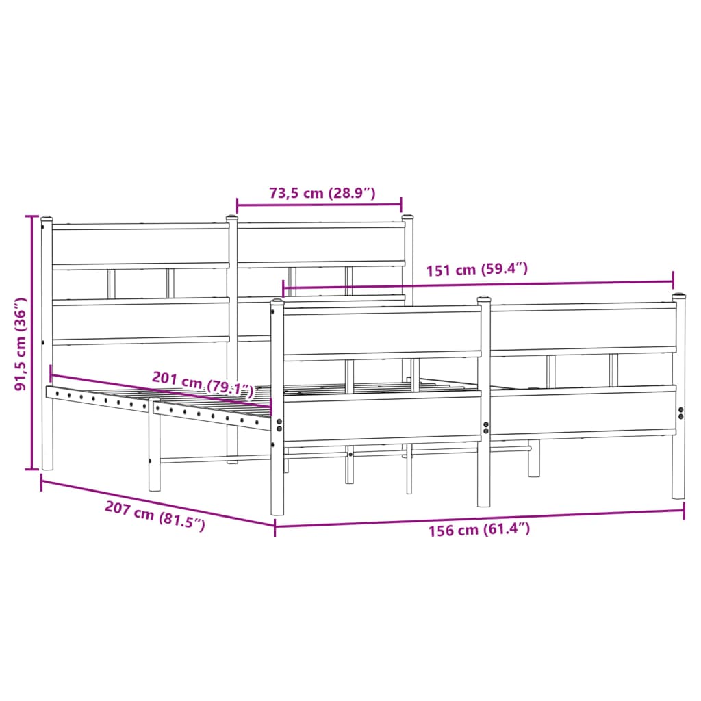 Cadre de lit en métal sans matelas chêne fumé 150x200 cm - XIOS