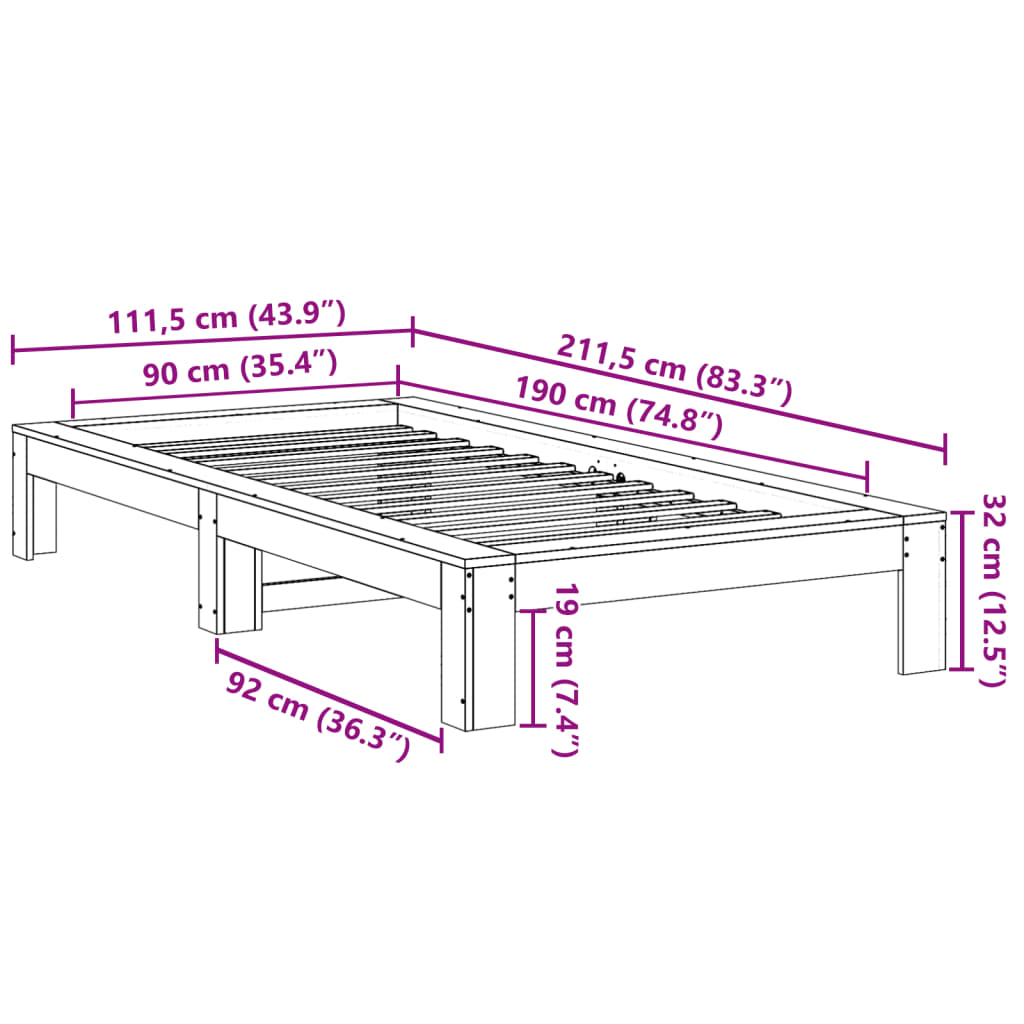 Cadre de lit sans matelas cire marron 90x190 cm bois pin massif - XIOS