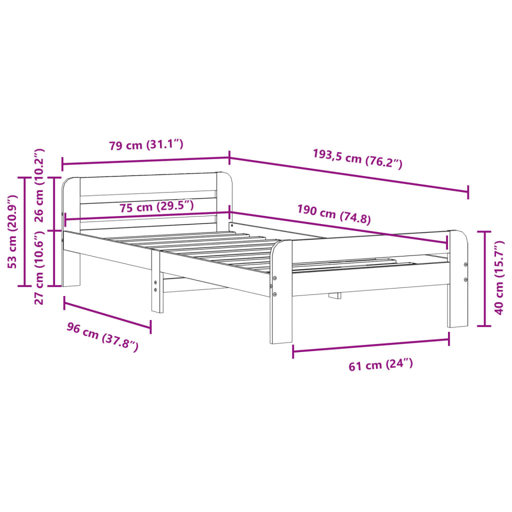 Cadre de lit sans matelas cire marron 75x190 cm bois pin massif - XIOS