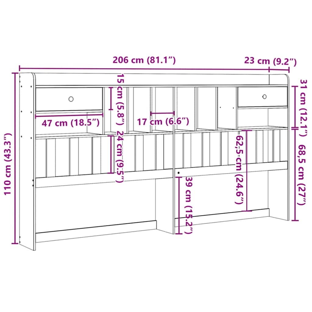 Tête de lit avec rangement cire marron 200cm bois massif de pin - XIOS