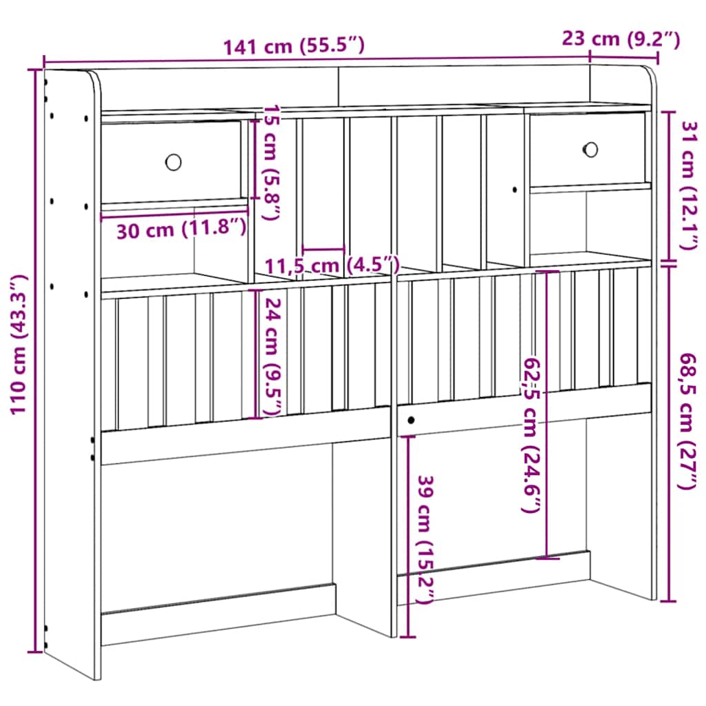 Tête de lit avec rangement cire marron 135cm bois massif de pin - XIOS