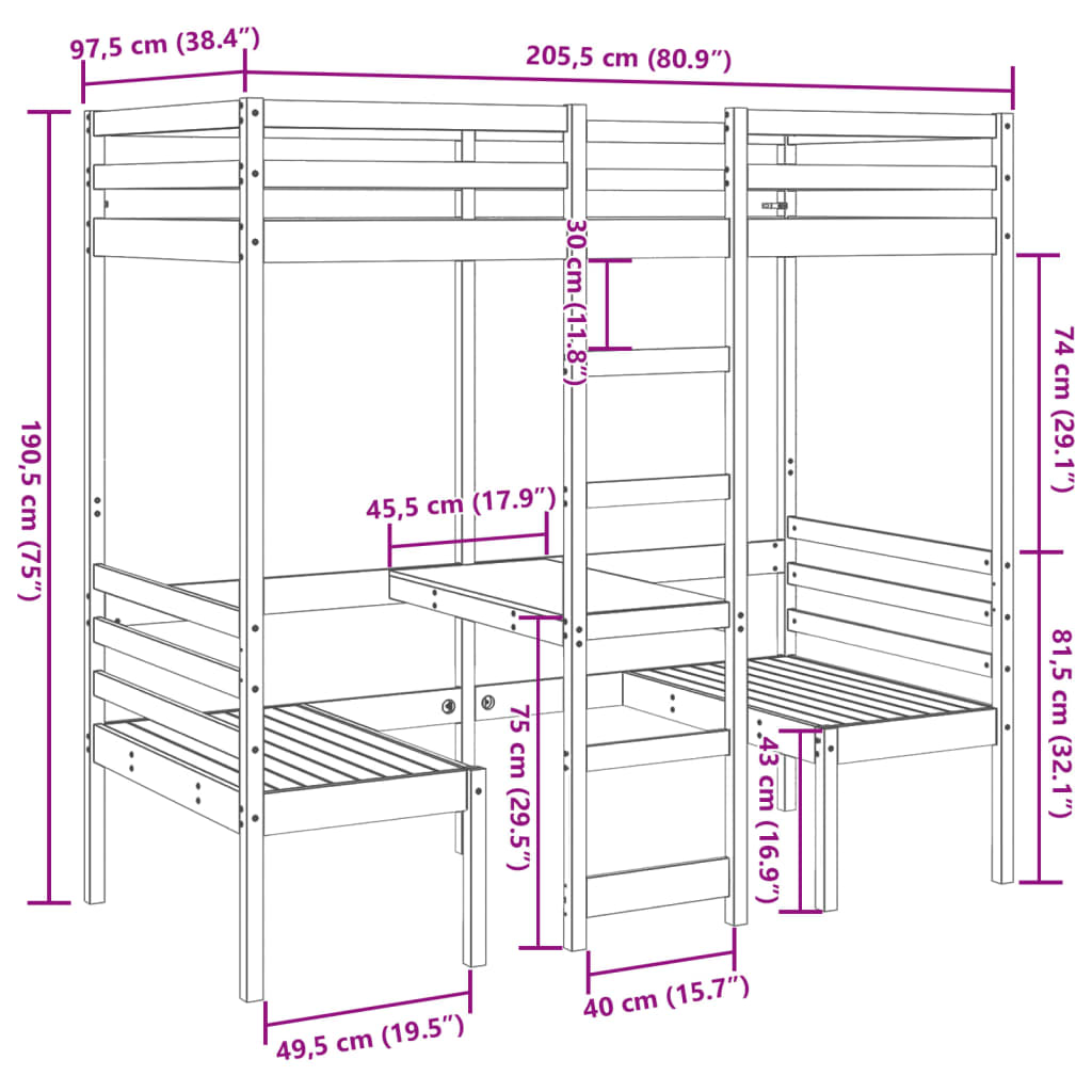 Lit mezzanine avec bureau et chaises 90x200 cm pin massif - XIOS