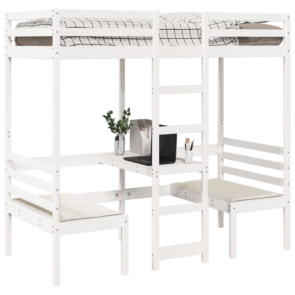 Lit mezzanine avec bureau et chaises blanc 90x200 cm pin massif - XIOS