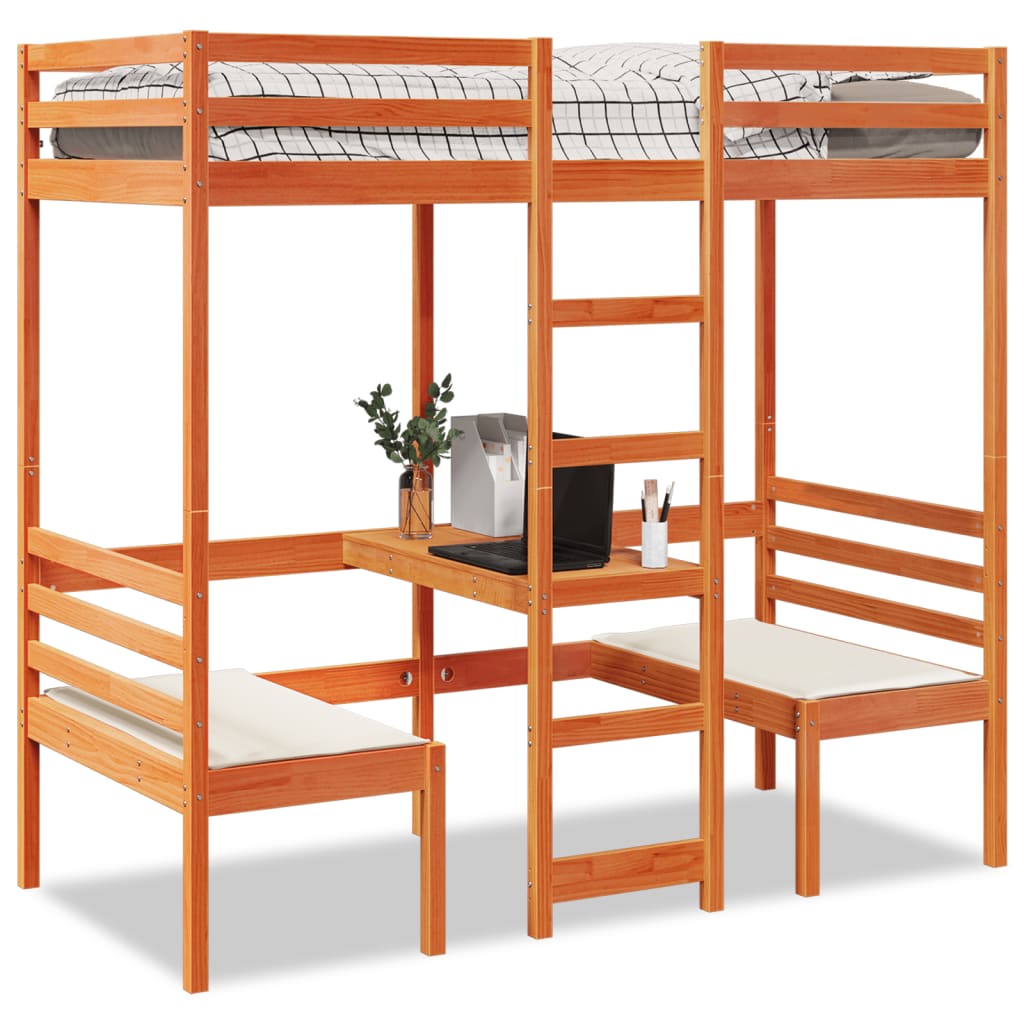 Lit mezzanine avec bureau et chaises brun cire 90x200 cm pin - XIOS