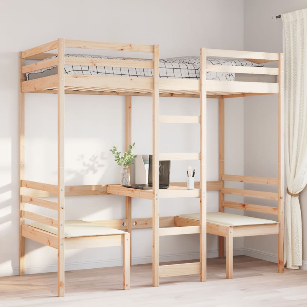 Lit mezzanine avec bureau et chaises 80x200 cm pin massif - XIOS