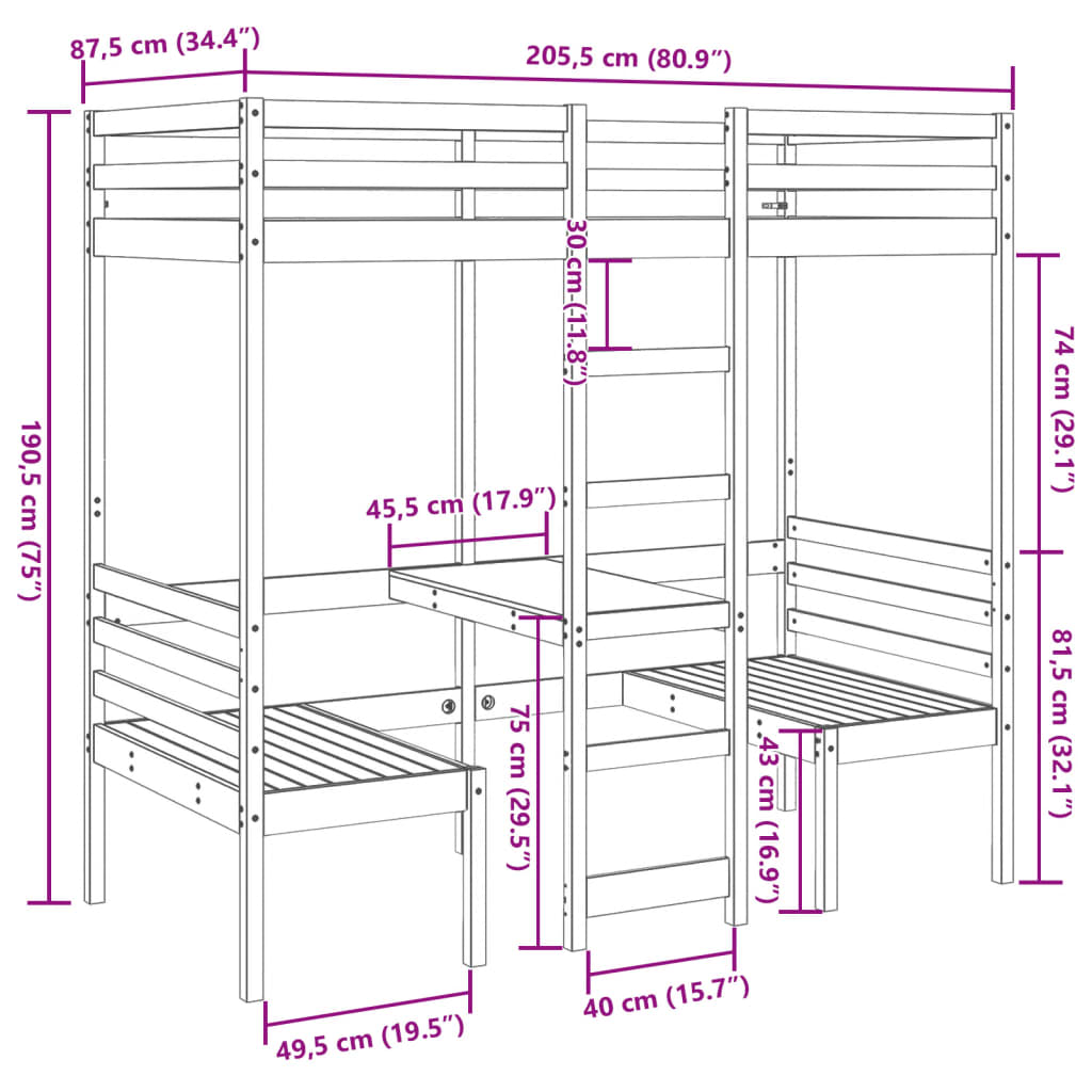 Lit mezzanine avec bureau et chaises 80x200 cm pin massif - XIOS