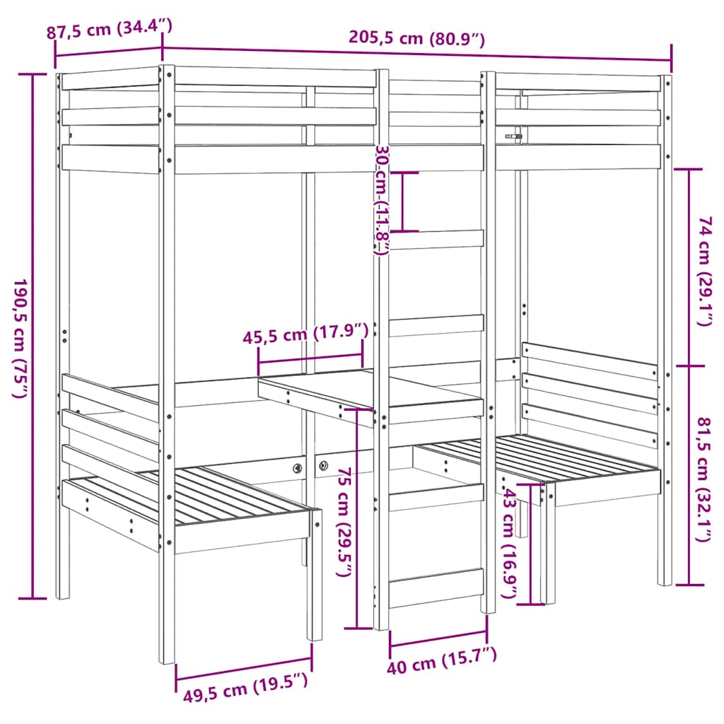 Lit mezzanine avec bureau et chaises brun cire 80x200 cm pin - XIOS