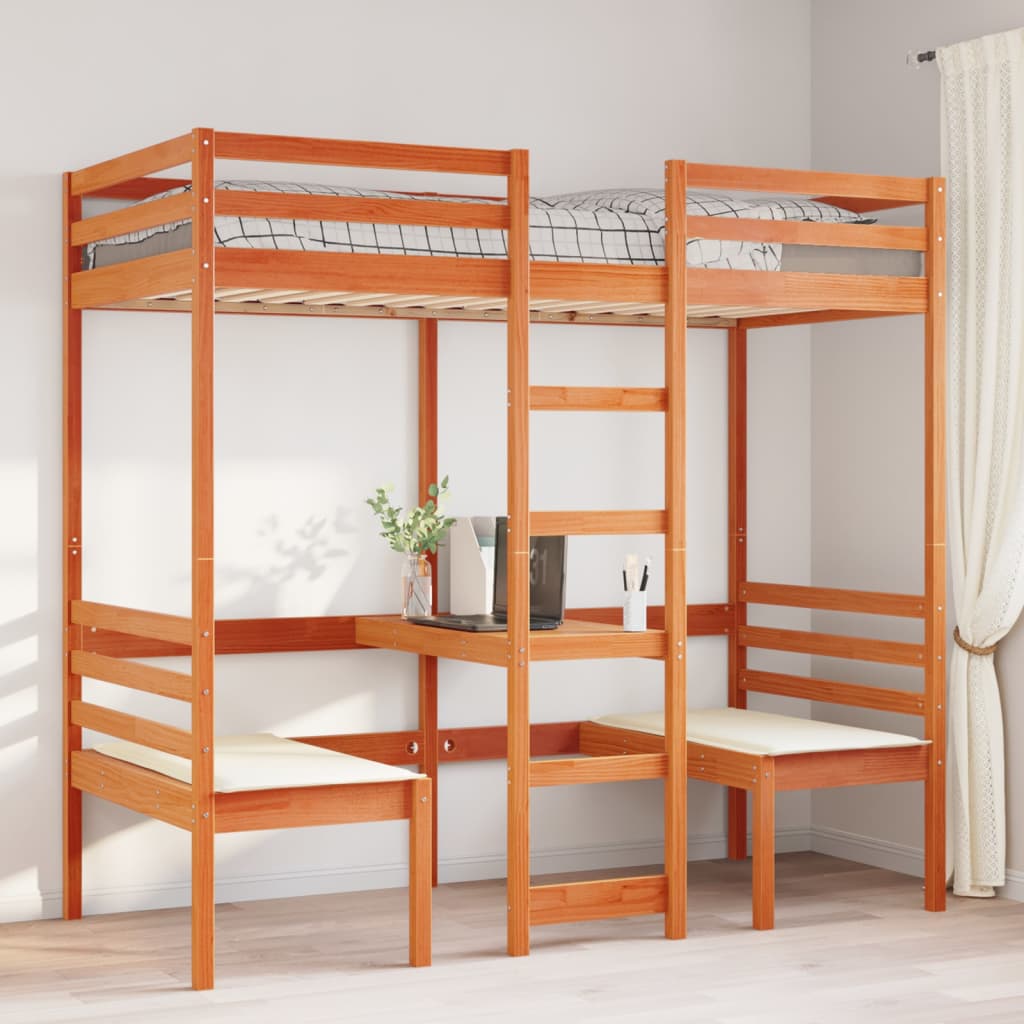 Lit mezzanine avec bureau et chaises brun cire 75x190 cm pin - XIOS