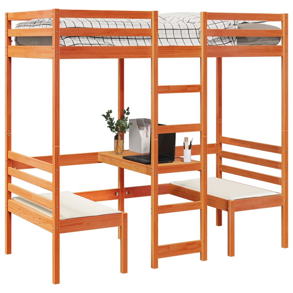Lit mezzanine avec bureau et chaises brun cire 75x190 cm pin - XIOS