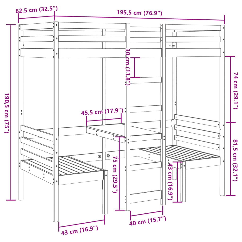 Lit mezzanine avec bureau et chaises brun cire 75x190 cm pin - XIOS
