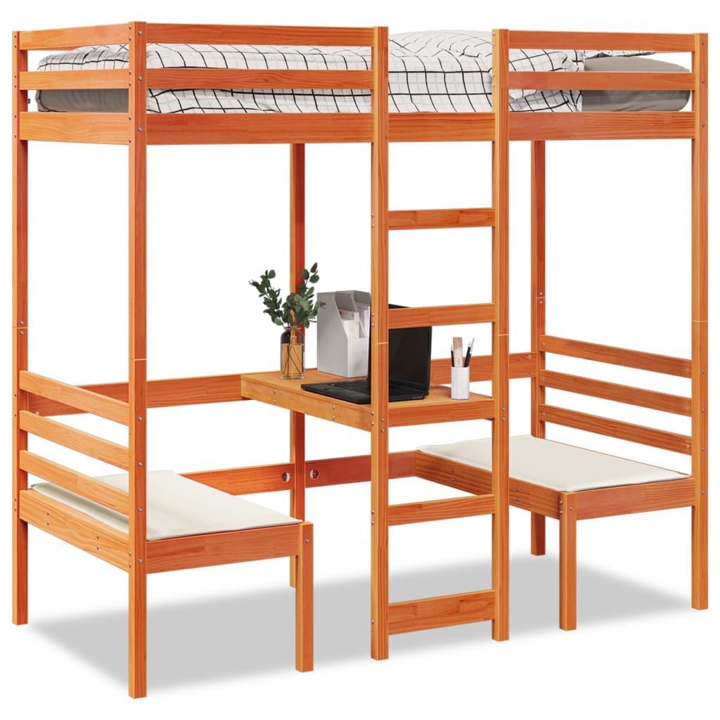 Lit mezzanine avec bureau et chaises brun cire 75x190 cm pin - XIOS