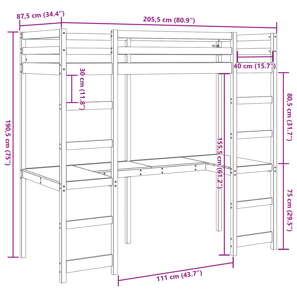 Cadre de lit superposé sans matelas 80x200cm bois de pin massif