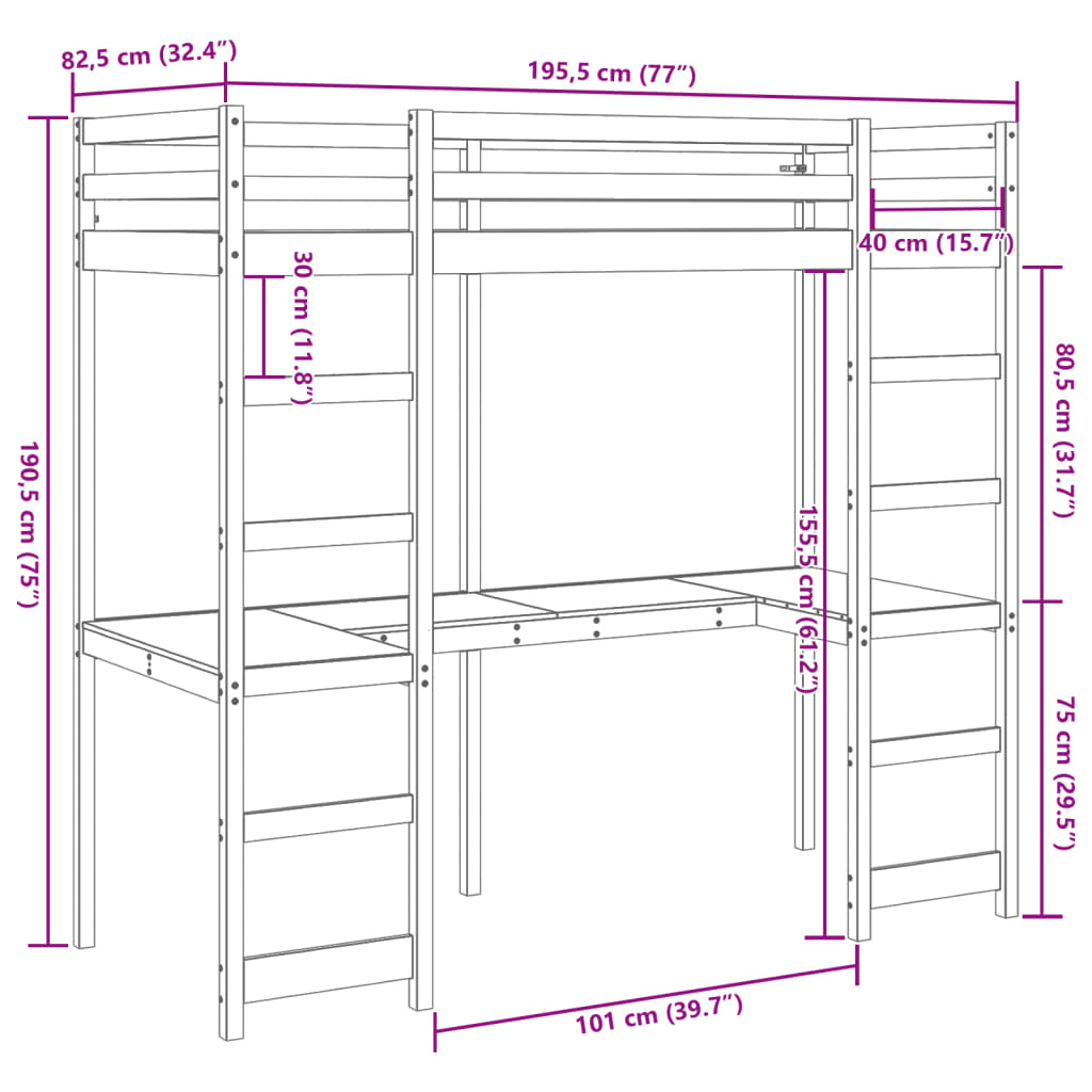 Cadre de lit superposé sans matelas 75x190cm bois de pin massif - XIOS