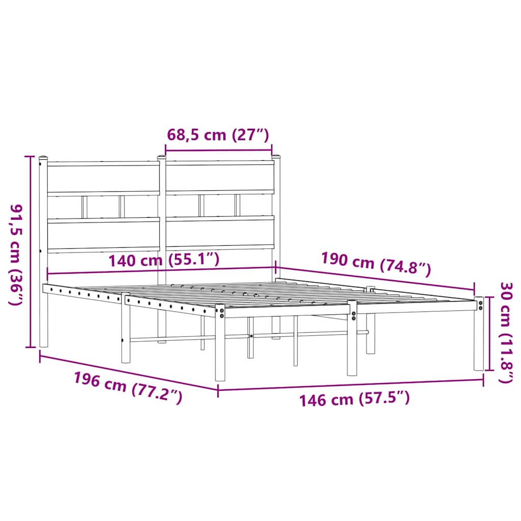 Cadre de lit en métal sans matelas chêne fumé 140x190 cm - XIOS