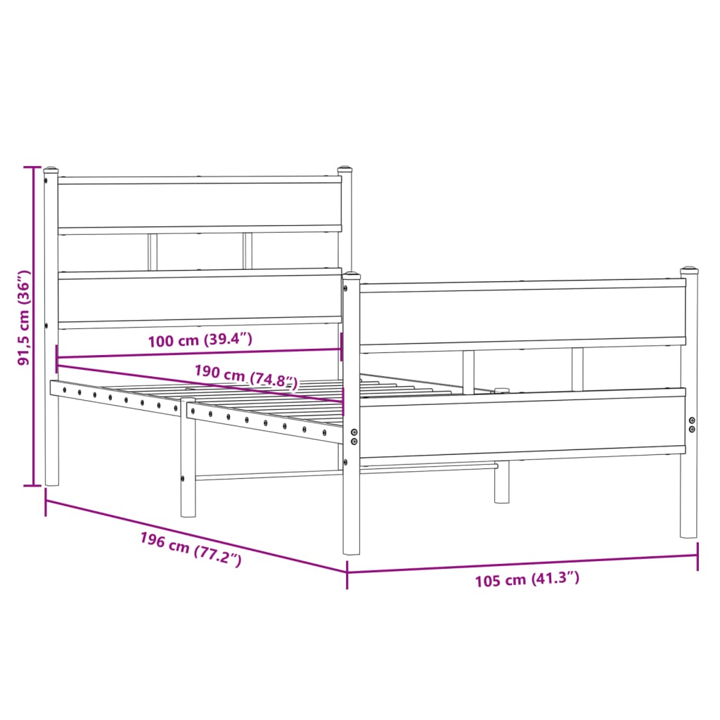 Cadre de lit en métal sans matelas chêne fumé 100x190 cm - XIOS
