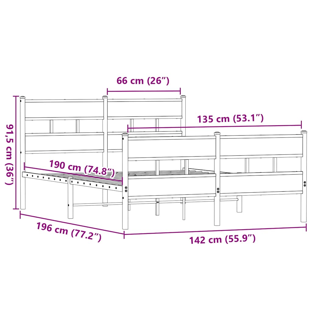 Cadre de lit en métal sans matelas chêne fumé 135x190 cm - XIOS