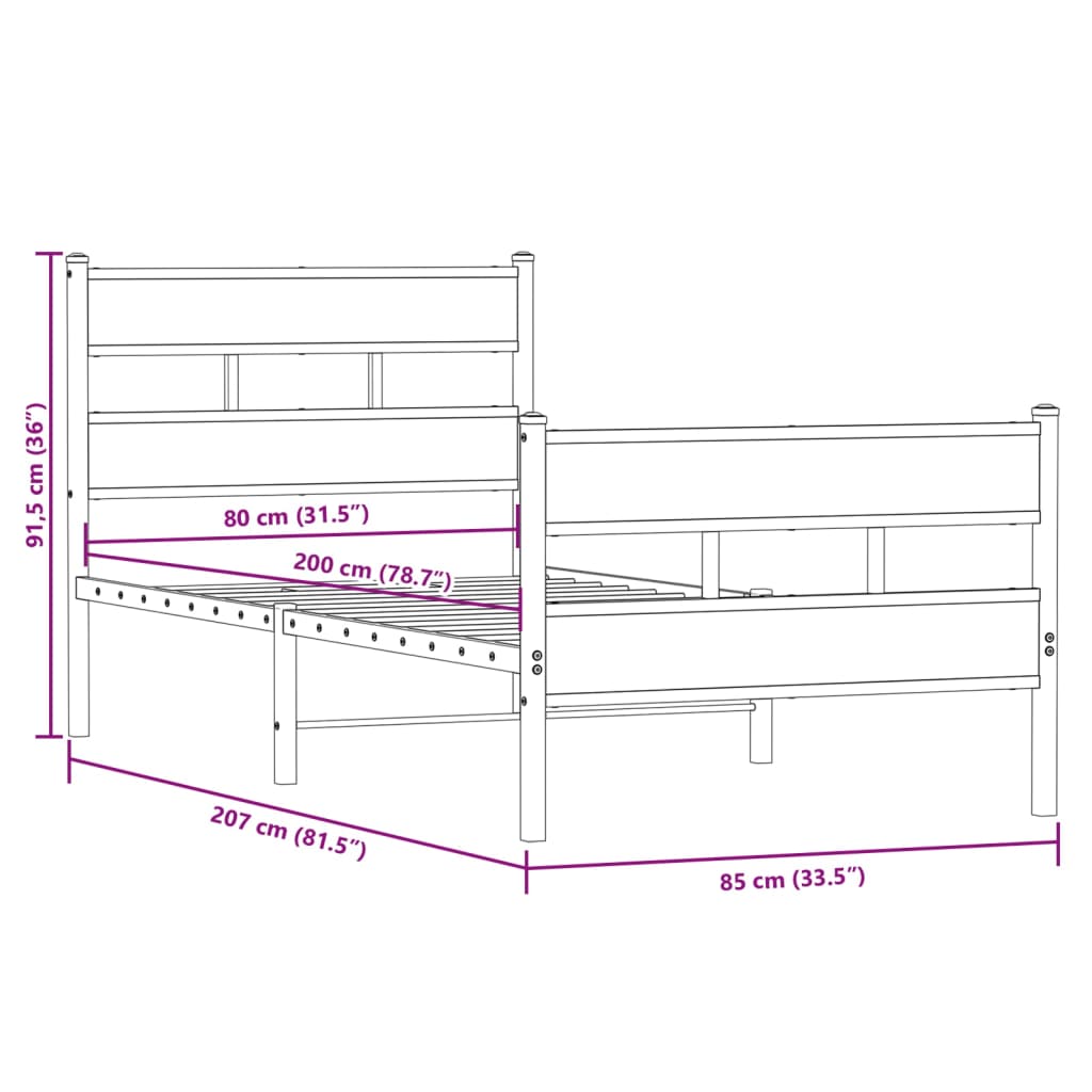 Cadre de lit en métal sans matelas chêne sonoma 80x200 cm - XIOS