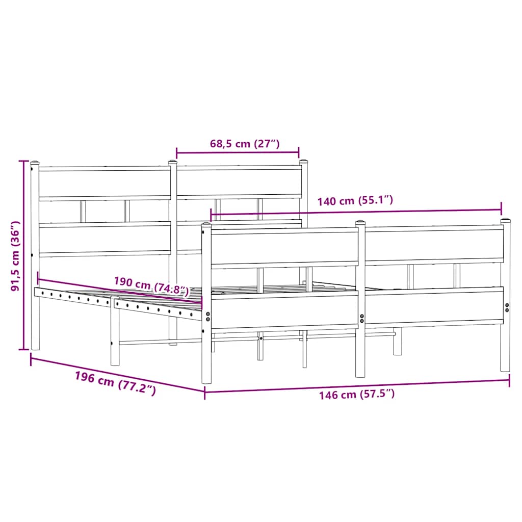 Cadre de lit en métal sans matelas chêne sonoma 140x190 cm - XIOS