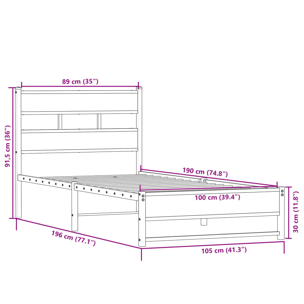 Cadre de lit en métal sans matelas chêne sonoma 100x190 cm - XIOS