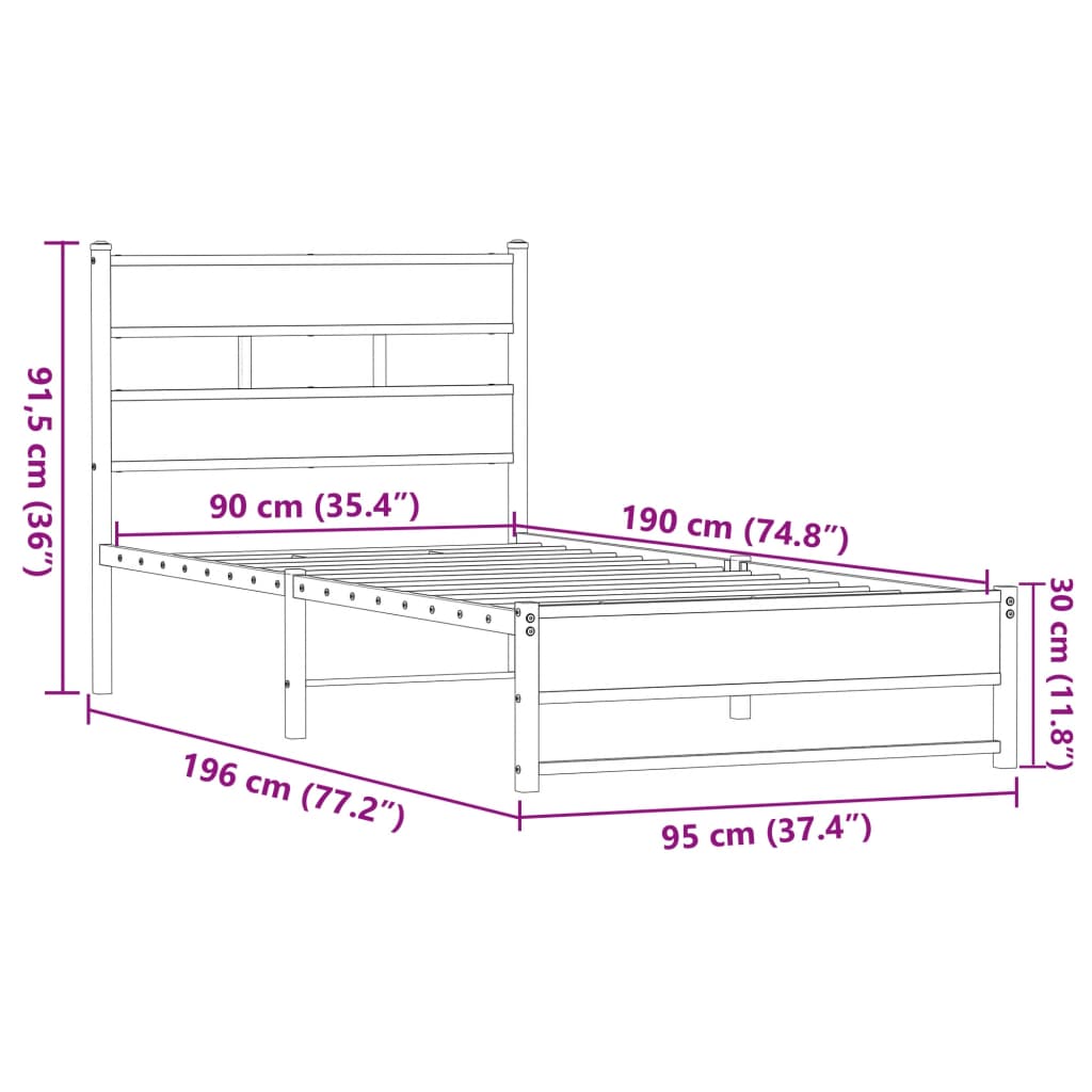 Cadre de lit en métal sans matelas chêne marron 90x190 cm - XIOS