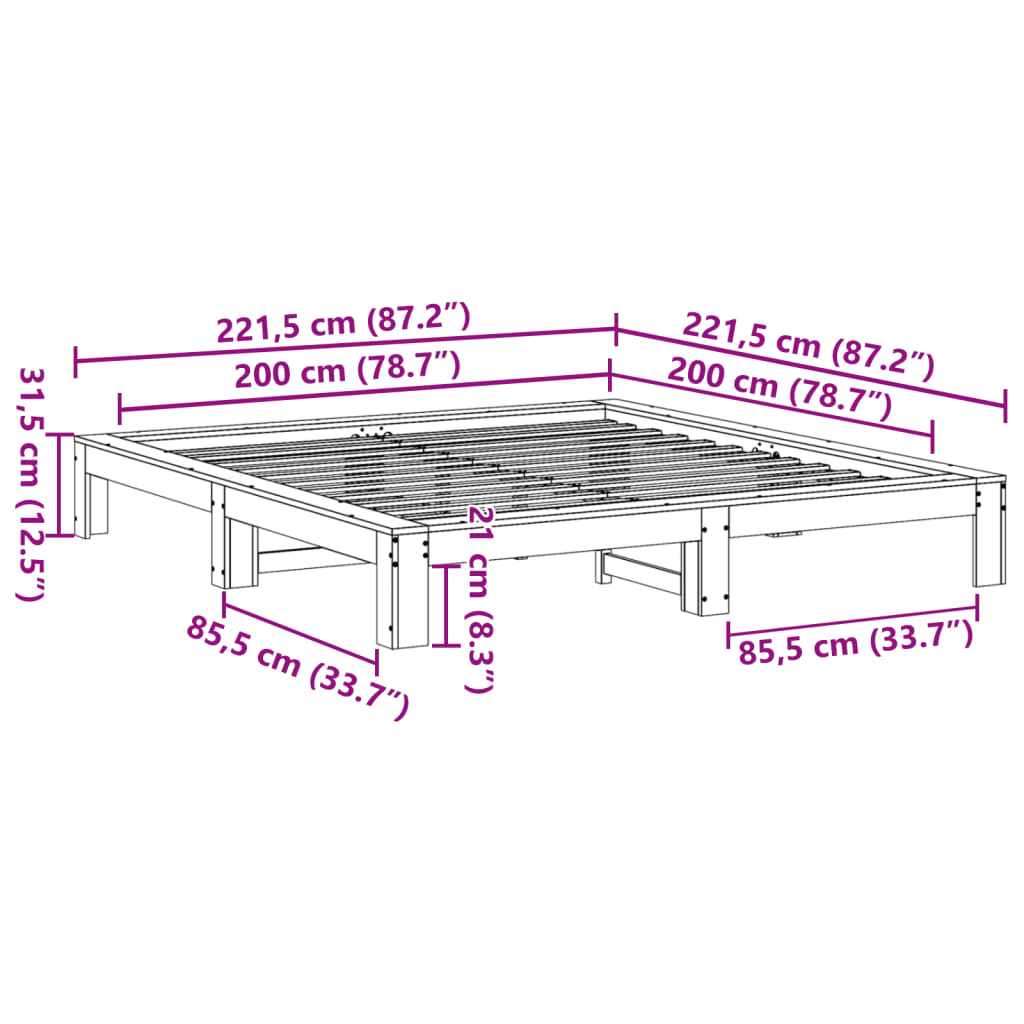 Cadre de lit sans matelas cire marron 200x200cm bois pin massif - XIOS