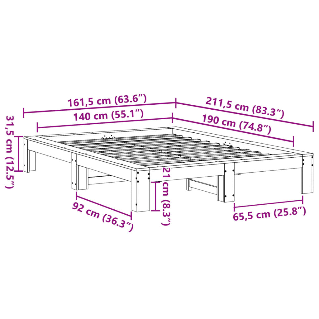 Cadre de lit sans matelas cire marron 140x190cm bois pin massif - XIOS