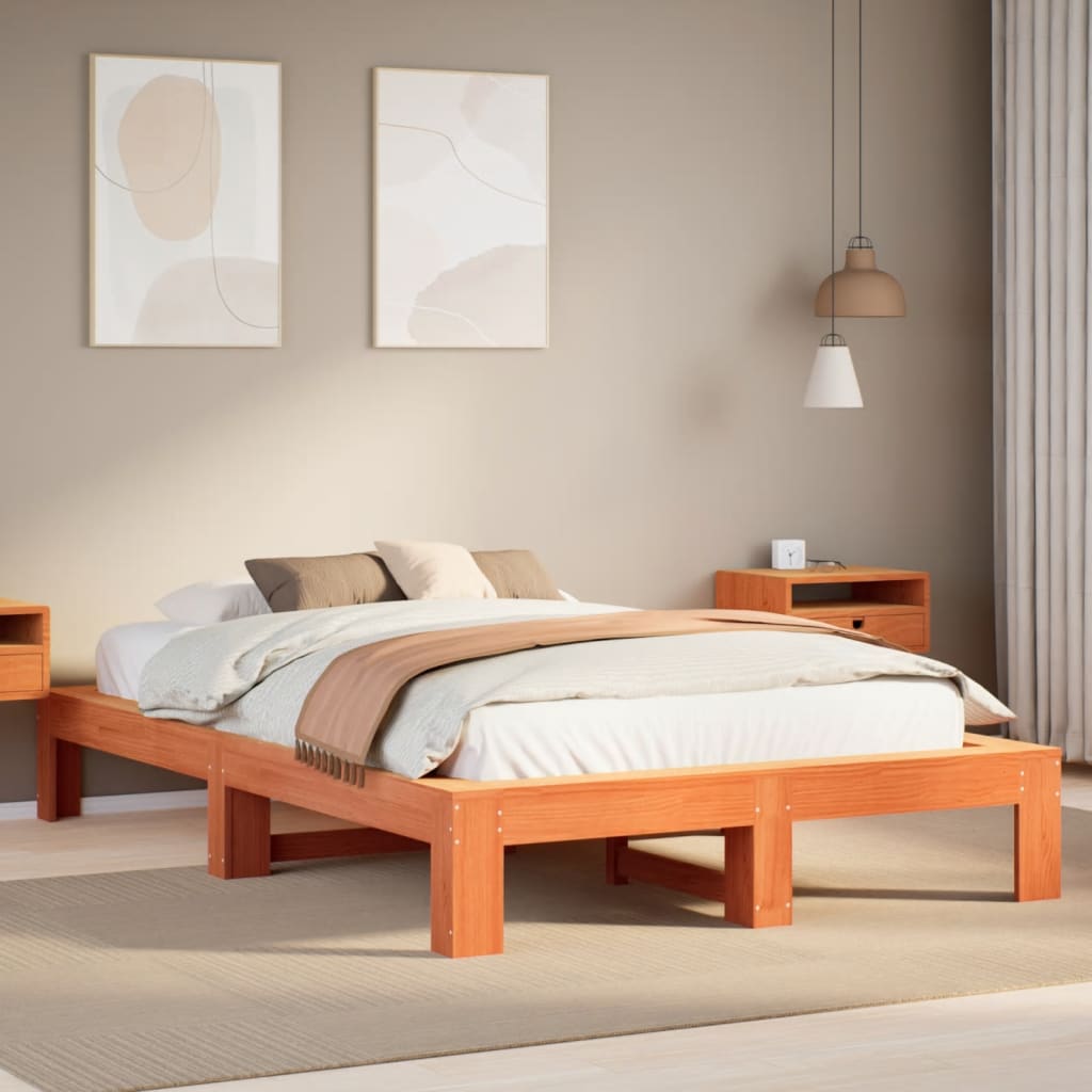 Cadre de lit sans matelas cire marron 135x190cm bois pin massif - XIOS