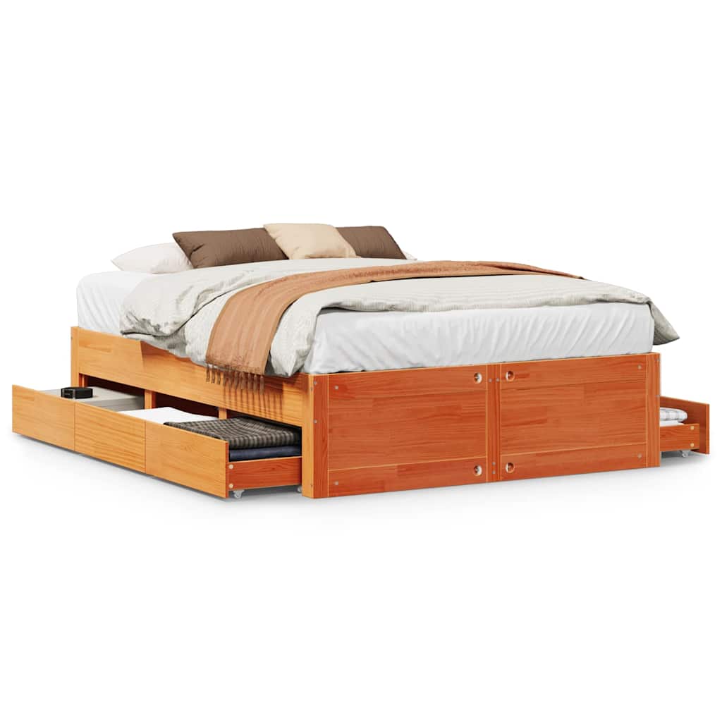 Cadre de lit sans matelas avec tiroirs brun cire 150x200 cm pin - XIOS