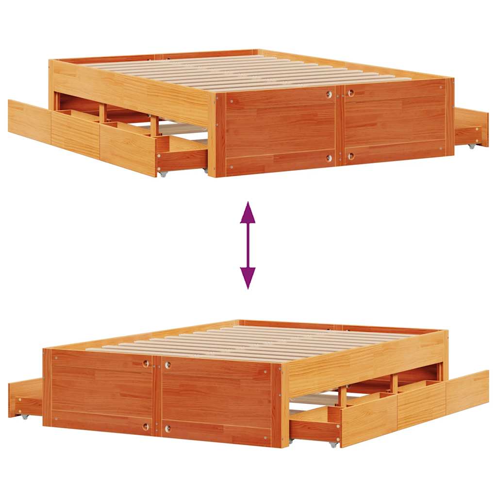 Cadre de lit sans matelas avec tiroirs brun cire 150x200 cm pin - XIOS