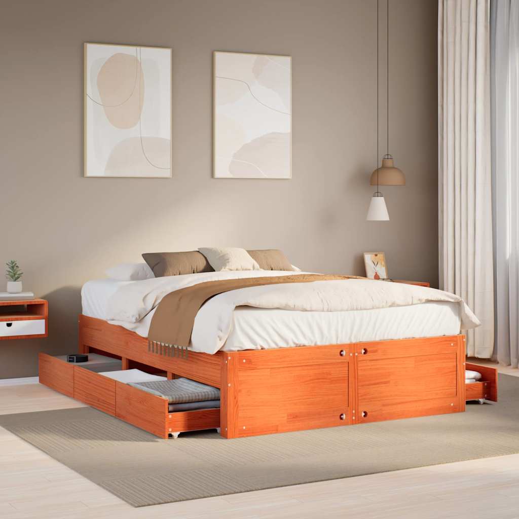 Cadre de lit sans matelas avec tiroirs brun cire 150x200 cm pin - XIOS