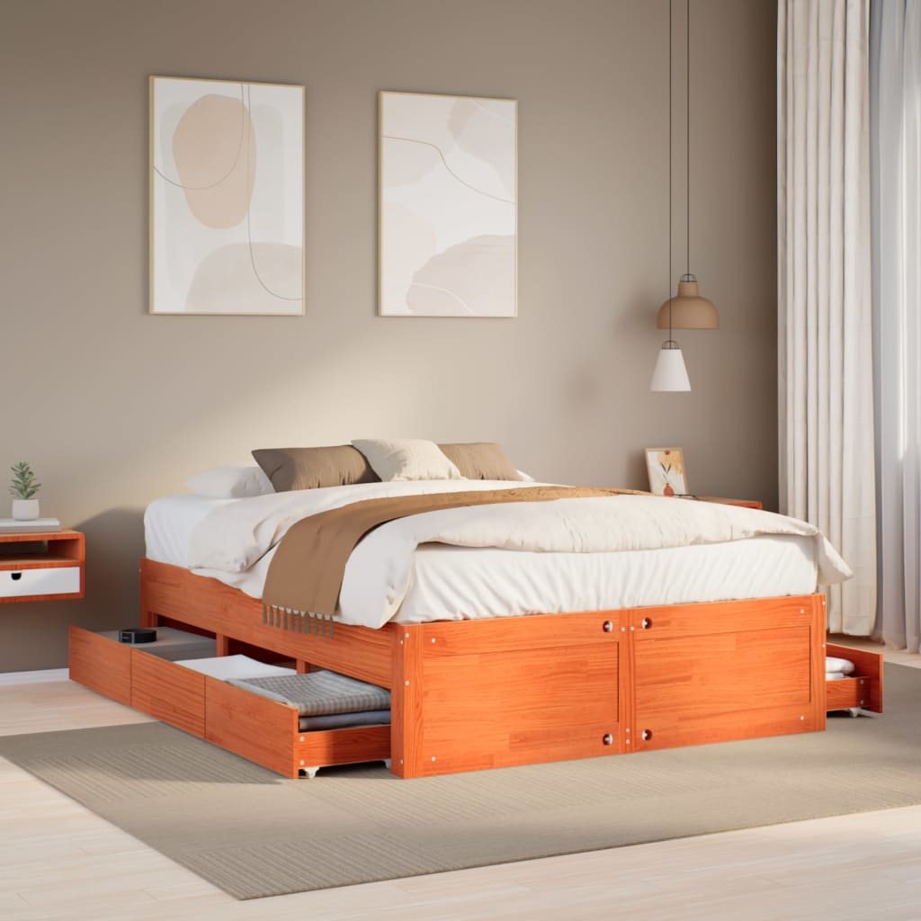Cadre de lit sans matelas avec tiroirs brun cire 140x200 cm pin